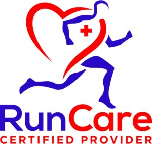 A logo featuring a stylized runner with a heart shape incorporated into the figure, symbolizing physical therapy. Inside the heart is a red cross. Below the figure is the text "RunCare" in blue and red, with "CERTIFIED PROVIDER" written in red capital letters underneath.