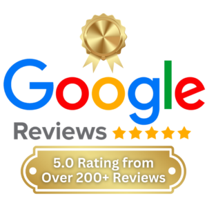 Image showing a gold medal with a ribbon at the top. Below, the Google logo followed by the word "Reviews" and five gold stars. A gold plaque at the bottom reads, "5.0 Rating from Over 200+ Reviews for our physical therapy services.